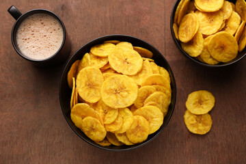 banana chips, popular Kerala snack deep fried in  coconut oil. traditional South Indian tea time...