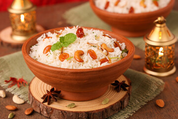 Chicken biryani Spicy Indian Malabar biryani Hyderabadi biryani, Dum Biriyani pulao  mutton biryani clay pot Kerala India Sri Lanka Pakistan basmati rice mixed rice dish meat curry Ramadan Kareem, Eid