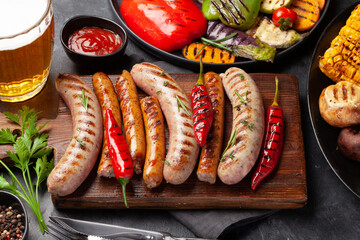 Grilled sausages and vegetables