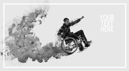 Flying young man in wheelchair on grey background with space for text