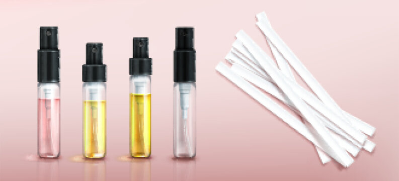 Perfume tester glass bottles and paper strips. Fragrance sample in transparent tubes with black spray cap on pink background. Vector realistic set of 3d perfumery testers and empty clear vial