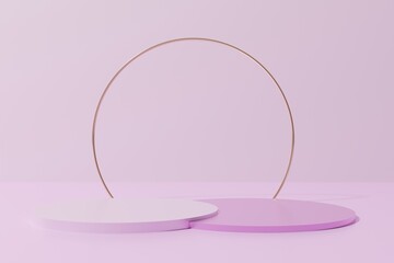 3d render pink color round podiums with glossy gold metallic ring