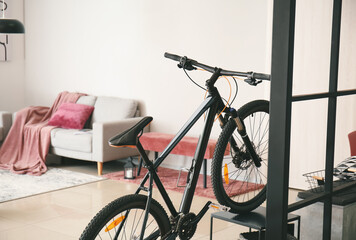 Modern bicycle in interior of living room