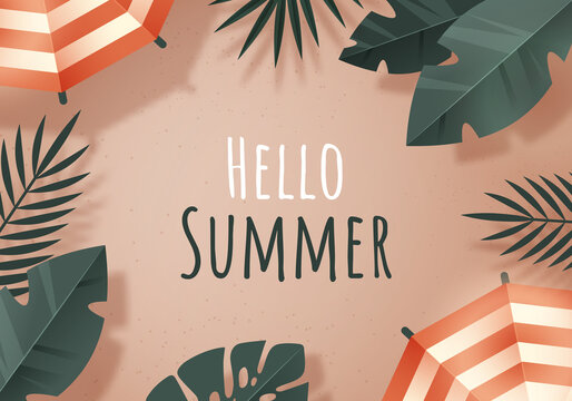 Summer beach with tropical leaves. Hello summer. Illustration on the theme of summer holidays. 