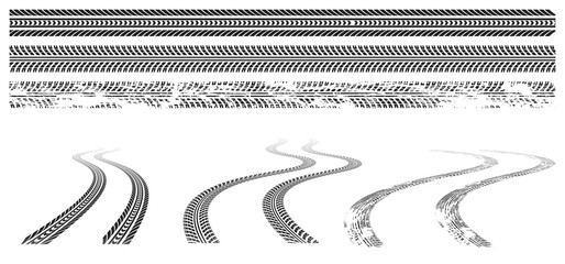 Black car tire tracks, rubber wheel print on road or dirt. Grunge winding trace from vehicle tires isolated on white background. Vector graphic set of tread marks in top and perspective view - obrazy, fototapety, plakaty