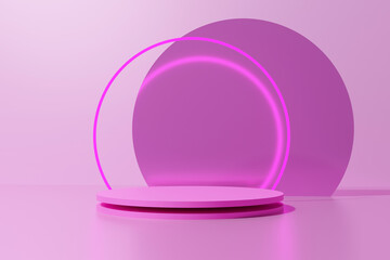 3d render pink color round podium with neon ring