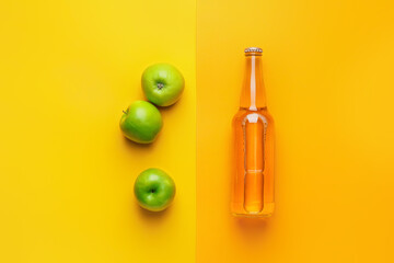 Composition with bottle of apple cider on color background