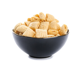 Bowl with tasty corn pillows on white background