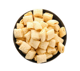 Bowl with tasty corn pillows on white background