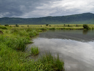 Ngorongoro Crater, Tanzania, Africa - March 1, 2020: Calm lake in Ngorongoro Crater
