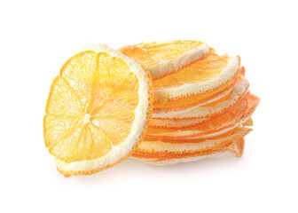 Dried orange slices on white background