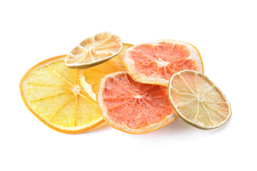 Dried citrus fruits on white background