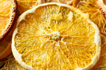 Dried orange slices on color background