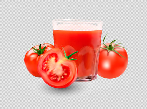a glass of tomato juice, tomato set. Collection of red tomatoes.Photorealistic vector images isolated on white background.