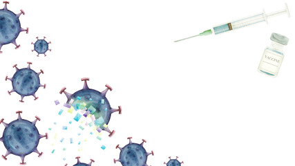 ワクチンとウィルスの水彩風手書きイラスト