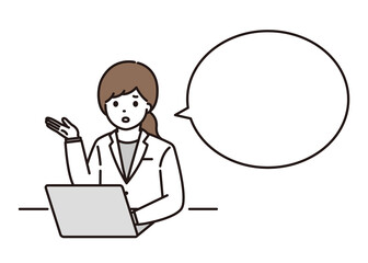 困った顔でノートパソコンの前で説明をする女性薬剤師 吹き出し