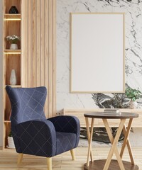 Picture frame on the marble wall in the living room has a blue armchair on the front floor, decorated with flower vases on the shelves.3d rendering.