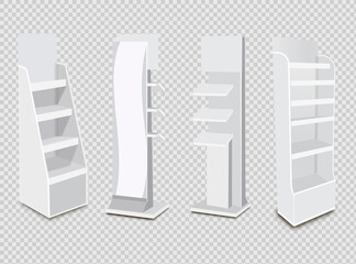 White Long Blank Empty Showcase Displays With Retail Shelves. 3D Products On White Background Isolated. Ready For Your Design Avy Scott