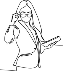 Business woman wearing glasses, holding a tablet minimal concept one line