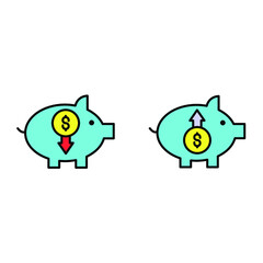 two upload and download piggy bank Illustration. modern simple vector icon, flat graphic symbol in trendy flat design style. wallpaper. lockscreen. pattern. frame, background, backdrop, sign, logo.