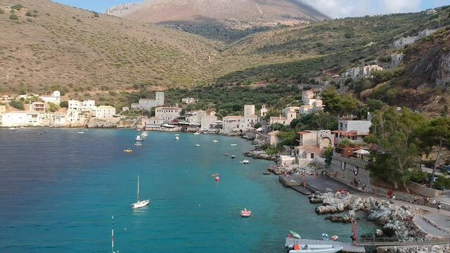 Iconic aerial view over the picturesque famous Limeni village in Mani area Laconia, Greece