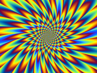 Pulsing fiery flower with blue spirals. Optical illusion of movement.