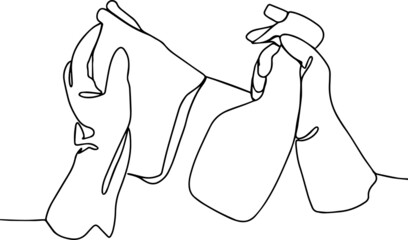 Hands in rubber protective gloves holding white spray bottle and rag detergent  minimal line