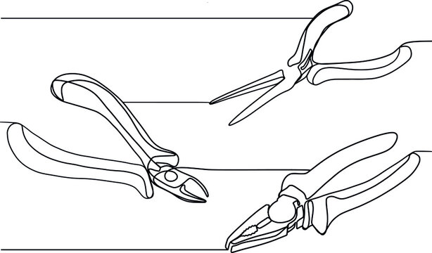 Pliers for craftsmen.  Tools on a black and white background. Pliers, articulated tool. Hand tools for different types of material. One line drawing. Clamping and gripping wit minimal concept one line