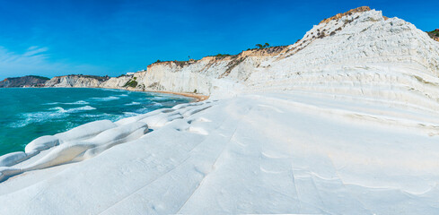 Panoramic view of white limestone formation (Scala dei Turchi)by the coast of Agrigento, Sicily 