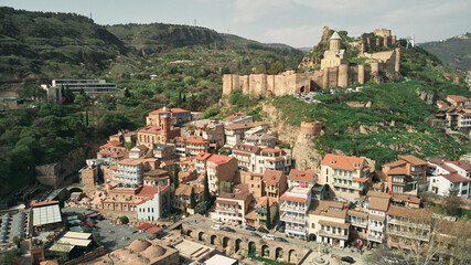 Fototapeta na wymiar Aerial view of the Narikala fortress and the Church of St. Nicholas. District of Old Tbilisi