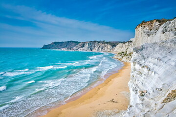 High angle view of the incredible beach of Scala dei Turchi - a massive limestone rock formation on...