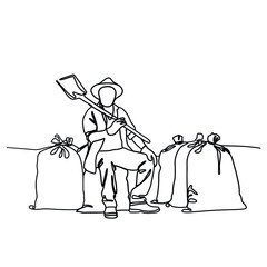 Farmer man middle-aged with a shovel sits on a bag Line minimal concept