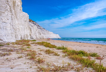 Sandy beach by the white wall known as Scala dei Turchi in Realmonte, Province of Agrigento, Sicily 