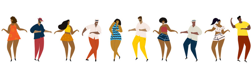 Hand drawn vector illustration of various people - men and women of diverse multi-racial background dancing happy fun mambo dance. Seamless banner.