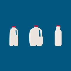 Flat vector illustration set of milk, kefir in different plastic containers including gallon package. Isolated on white background.