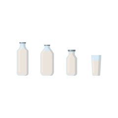 Flat vector illustration set of milk, kefir in different glass bottles. Isolated on white background.