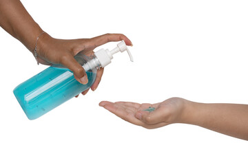 Cleaning hands a finger pumping sanitizer onto hand. Prevent the spread of germs and bacteria to...
