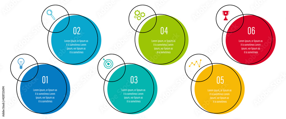 Aufkleber infographics design vector and business icons with 6 options for presentation and web site