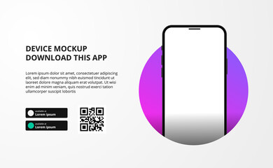 landing page banner advertising for downloading app for mobile phone, 3D smartphone device mockup. Download buttons with scan qr code template. - obrazy, fototapety, plakaty
