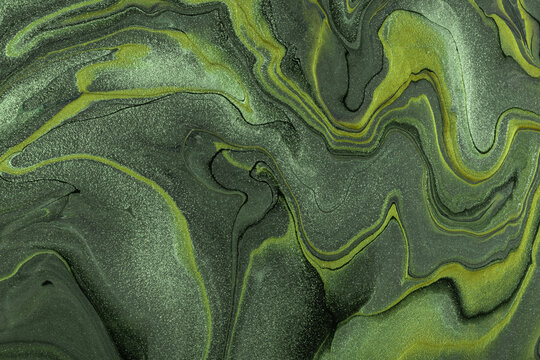 Abstract fluid art background dark green and olive colors. Liquid marble. Acrylic painting with khaki lines and gradient