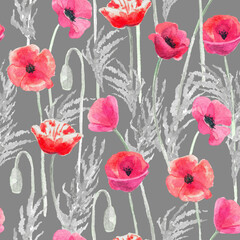 Beautiful seamless pattern with poppy flowers. Hand painted watercolor illustration on gray background. Great for fabrics, wrapping papers, wallpapers, covers. Red, pink and gray  colors.