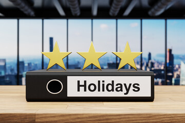 black office binder file folder with three stars on wooden desk in large modern office building with skyline view; holidays label; 3D Illustration