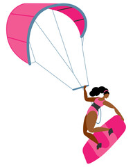 A girl on a board is engaged in kitesurfing. Isolated vector illustration in a flat style.
