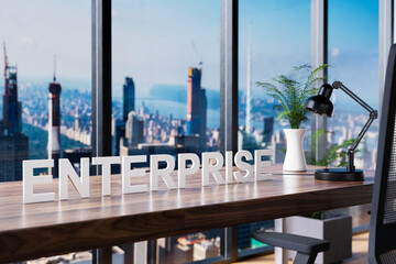 enterprise; office chair in front of modern workspace and panoramic skyline view; company concept; 3D Illustration