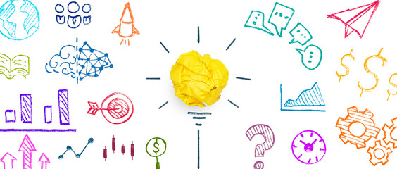 Yellow paper light bulb and business strategy on white background, Concept of new ideas creativity,...
