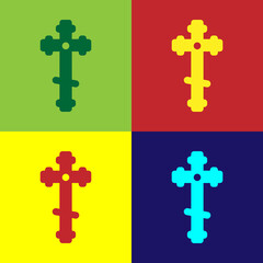 Pop art Christian cross icon isolated on color background. Church cross. Vector Illustration