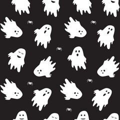 Cute ghost boo holiday character seamless pattern flat style design vector illustration set isolated on dark background. Halloween haunted boo spooky symbol flying above the ground.