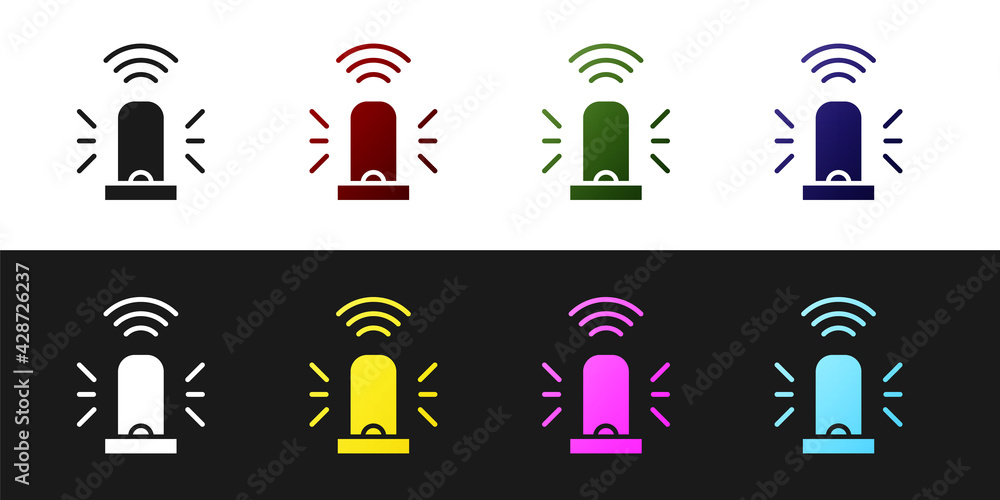Poster set smart flasher siren system icon isolated on black and white background. emergency flashing siren