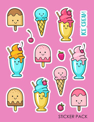 Set of stickers with ice cream and berries