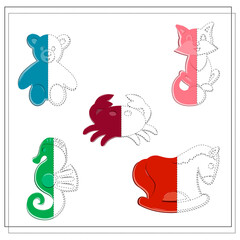 A game for children, handwriting training. Draw sand toys along the contour and color it. seahorse, bear, horse, crab cat. Vector isolated on a white background